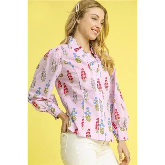 Umgee Floral Print Lantern Sleeve Button Down Shirt - Picture 4 of 4
